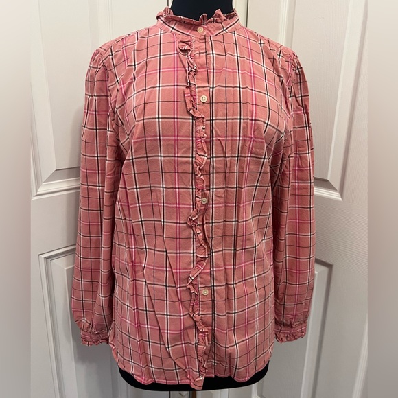 Loft Rose Pink Plaid Ruffle Neck Button Down Long Sleeve Shirt - Picture 4 of 15